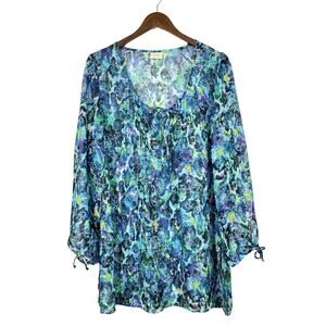 Profile by Gottex | Blue & Green Sheer Long Sleeve Tunic Swim Coverup